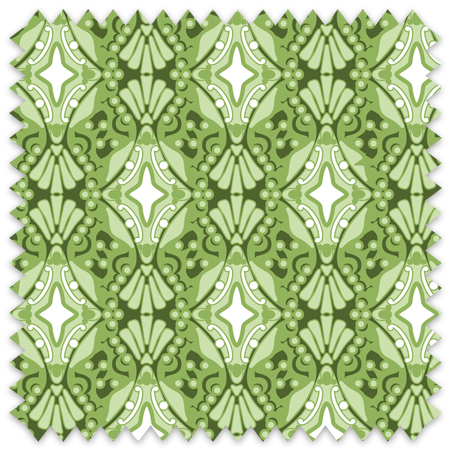 The artwork is a symmetrical, repeating pattern featuring an intricate design in various shades of green. The pattern includes a series of vertically aligned, stylized floral and geometric shapes. At the center of each vertical column is a white diamond-like shape surrounded by ornate, curving green and white details resembling petals and leaves. The broader design is composed of a combination of teardrop, circular, and scalloped elements creating a sense of depth and texture.  The overall effect is decorative and balanced, with a vintage or classical feel.